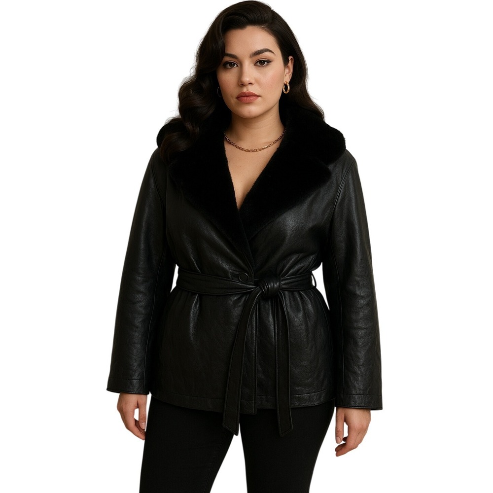 MGR‎ Womens VTG 90s Leather Jacket Coat Faux Fur Collar Medium Mob Wife Grunge